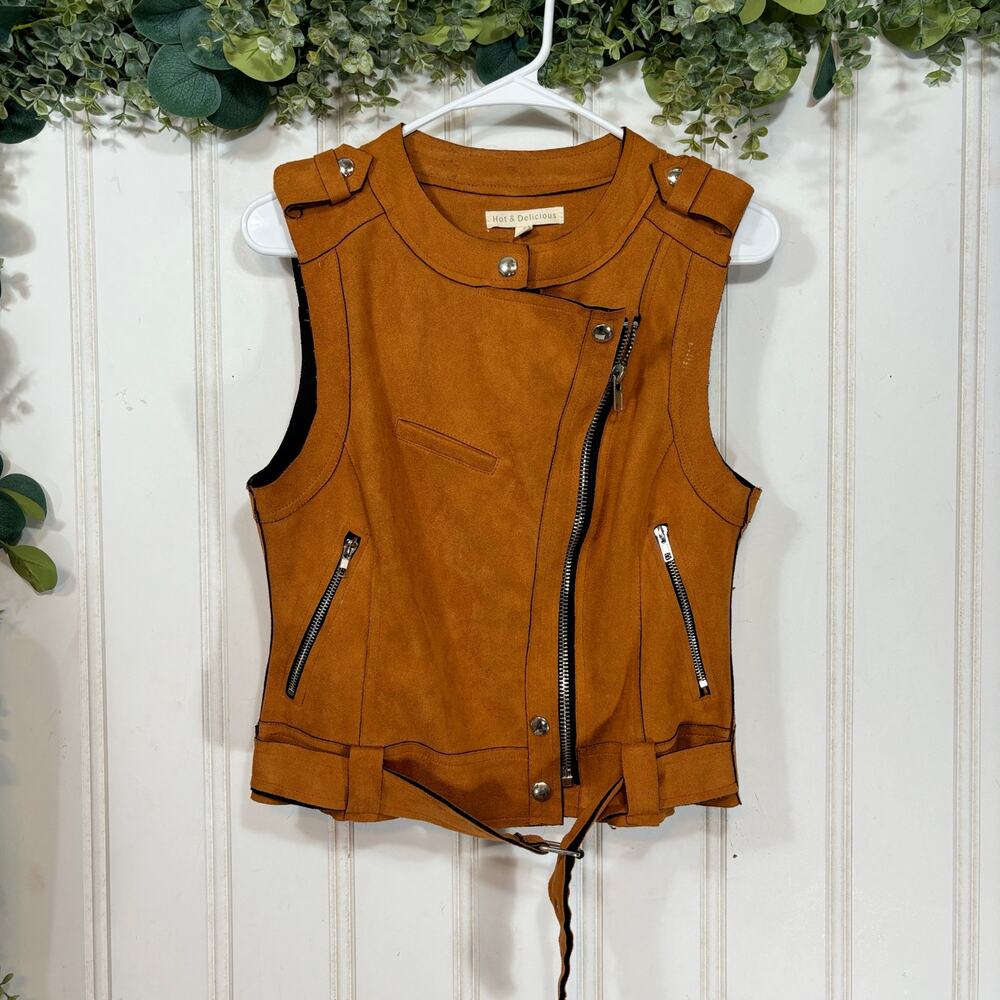 Hot & Delicious Faux Suede Vest Women SMALL Orange Belted Vest Classic Trendy